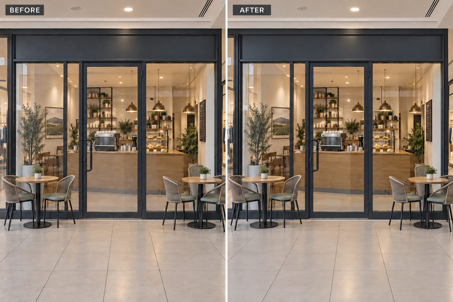 Retail shopfront glass before and after a professional ClearPro clean